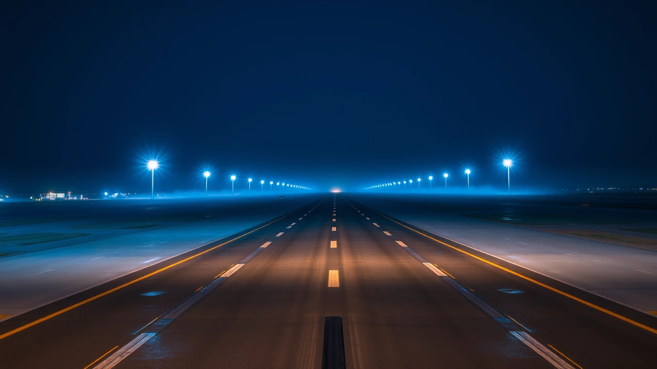 Wide view down a night runway, two rows of blue edge lights converging toward a dark blue horizon, soft mist over the wet tarmac reflecting every light