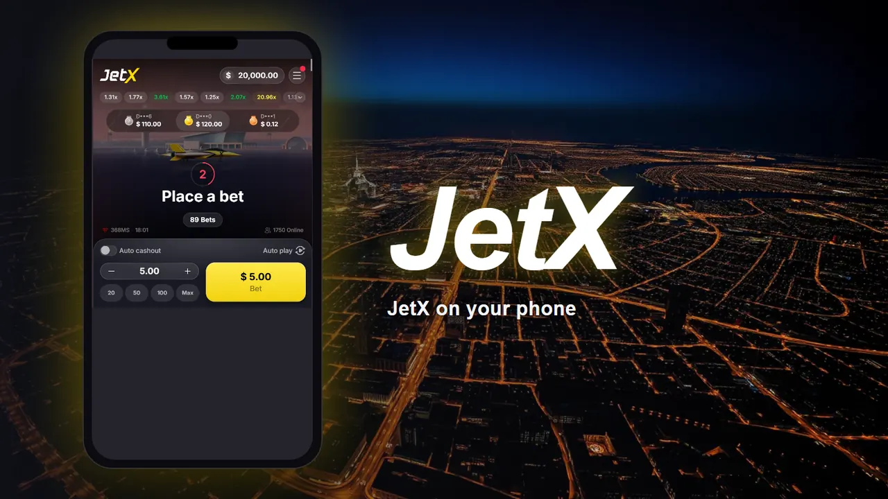 A phone over a night city seen from above, its screen showing the real JetX game in a mobile browser: the Place a bet countdown and the bet panel with Auto cashout