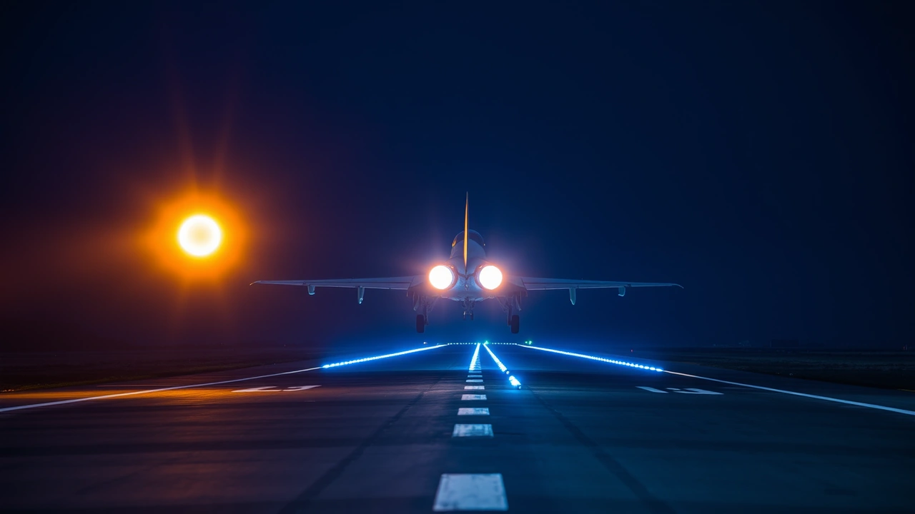 A plain white jet climbing over a sprawling night city seen from far behind, its afterburner a bright orange point against the dark blue sky
