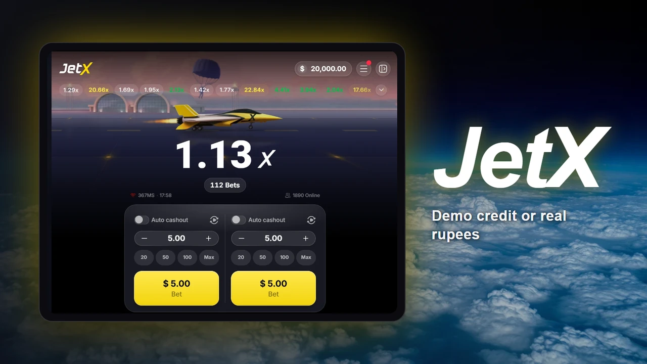 A phone standing upright above a sea of cloud tops lit blue from below, its screen showing the real JetX game field in demo mode, the multiplier passing 1.85x with the Cash out button lit