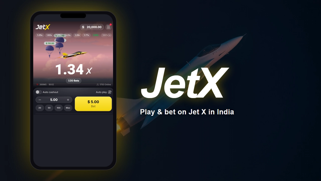 A phone in front of a white jet with an orange afterburner in a night sky, its screen showing the real JetX game in flight at 1.34x, parachutes marking players who already cashed out