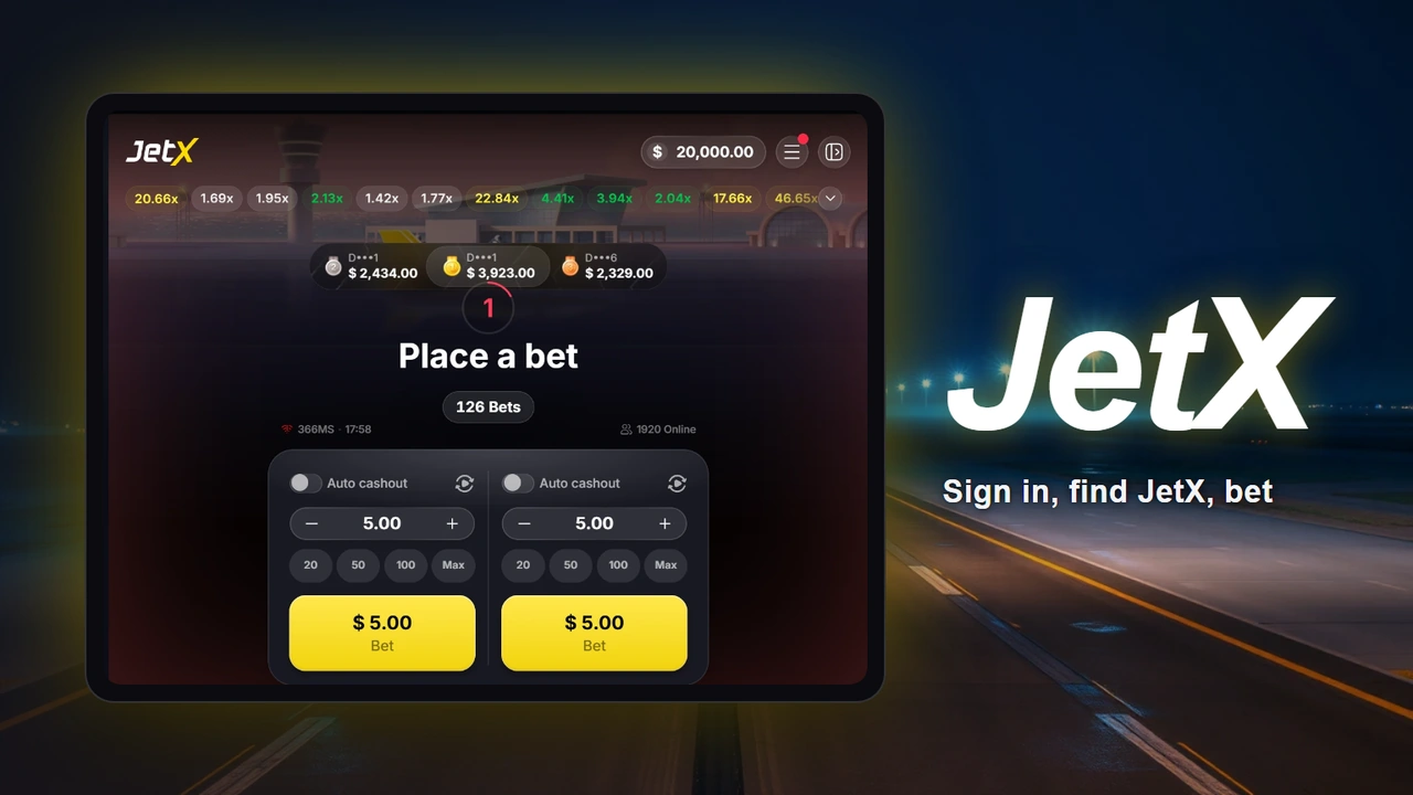 A tablet on a night runway lined with blue lights, its screen showing the real JetX game between rounds: Place a bet, the countdown and last round's top three wins